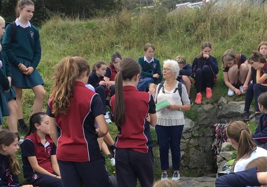 Sr.  Mary Delahunty IBVM with children from Loreto Abbey Dalkey.

1st year Camino at well in Dillon's Park, Dalkey